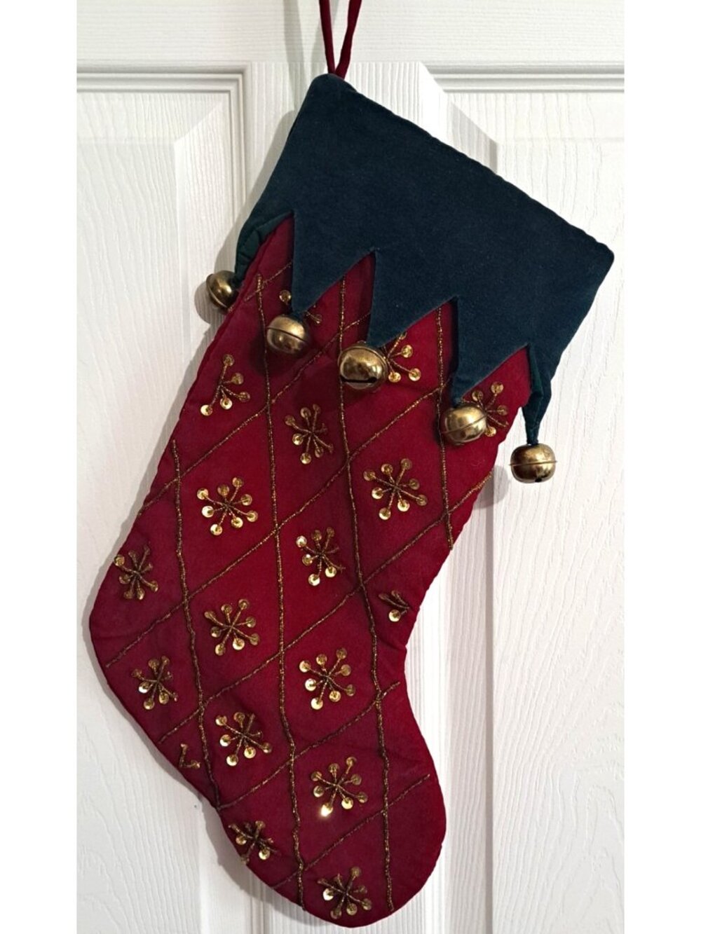 Unbranded Beaded Velvet Christmas Stocking Jingle Bells Sequins